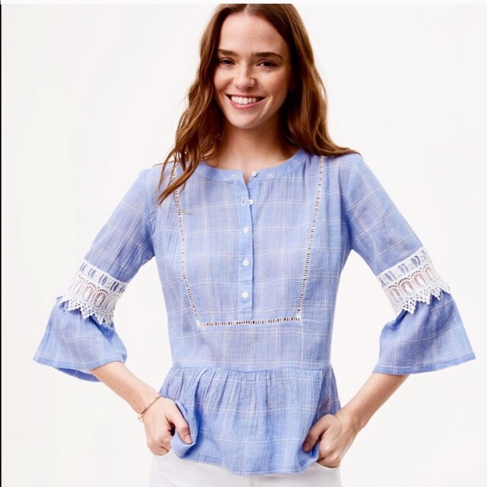 LOFT Blue White Chambray Croquet Flutter Top